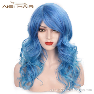 Aisi Hair Heat Resistant Synthetic Fiber Blue Wigs 24 Inch Cosplay Wigs Long Big Wave Cosplay Wigs for Women